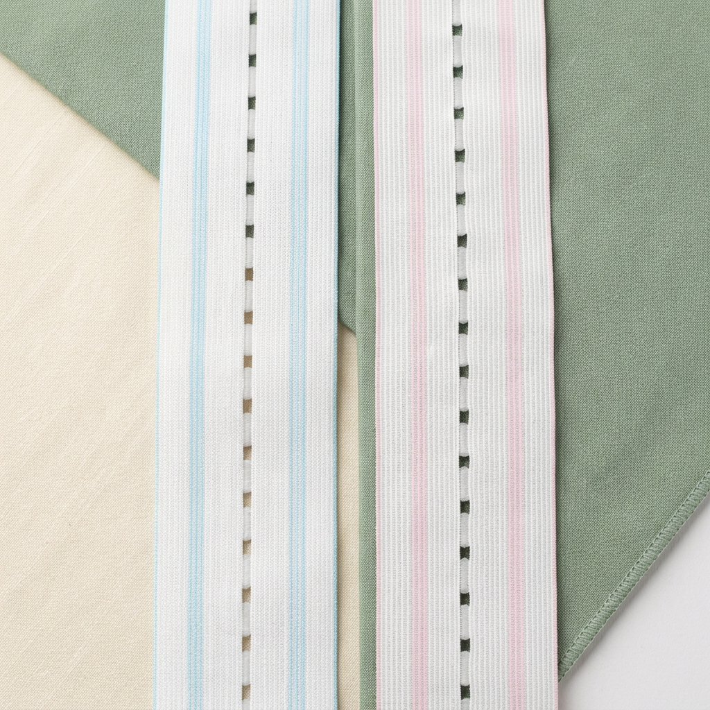 Medical-grade buttonhole elastic with blue and pink identification stripes