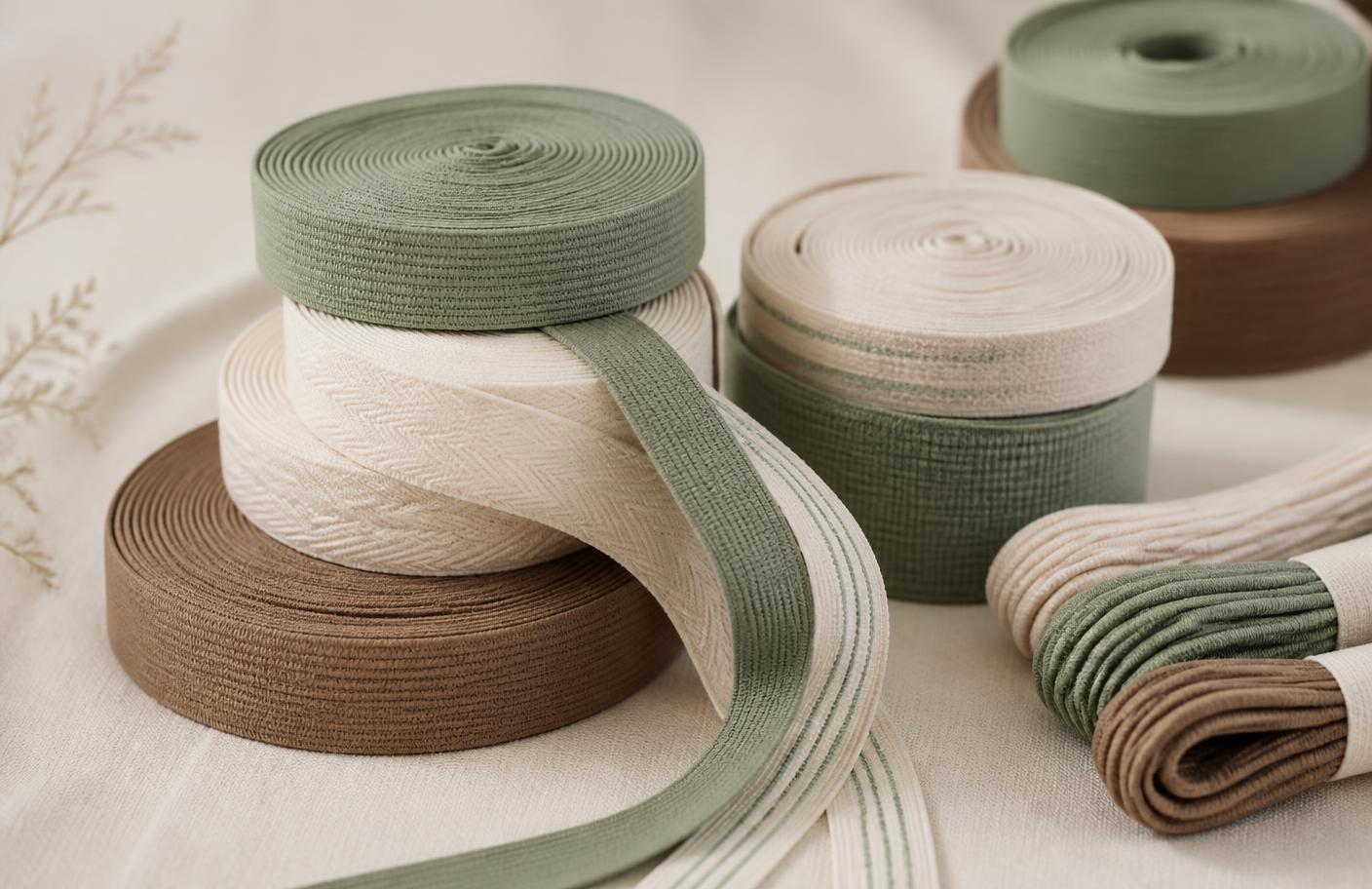 Assorted rolls of elastic trimmings, woven tapes and textile cords