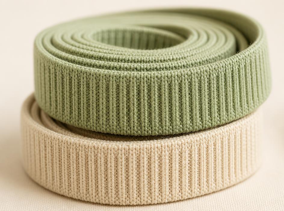 Coiled knitted elastic bands in sage green and cream